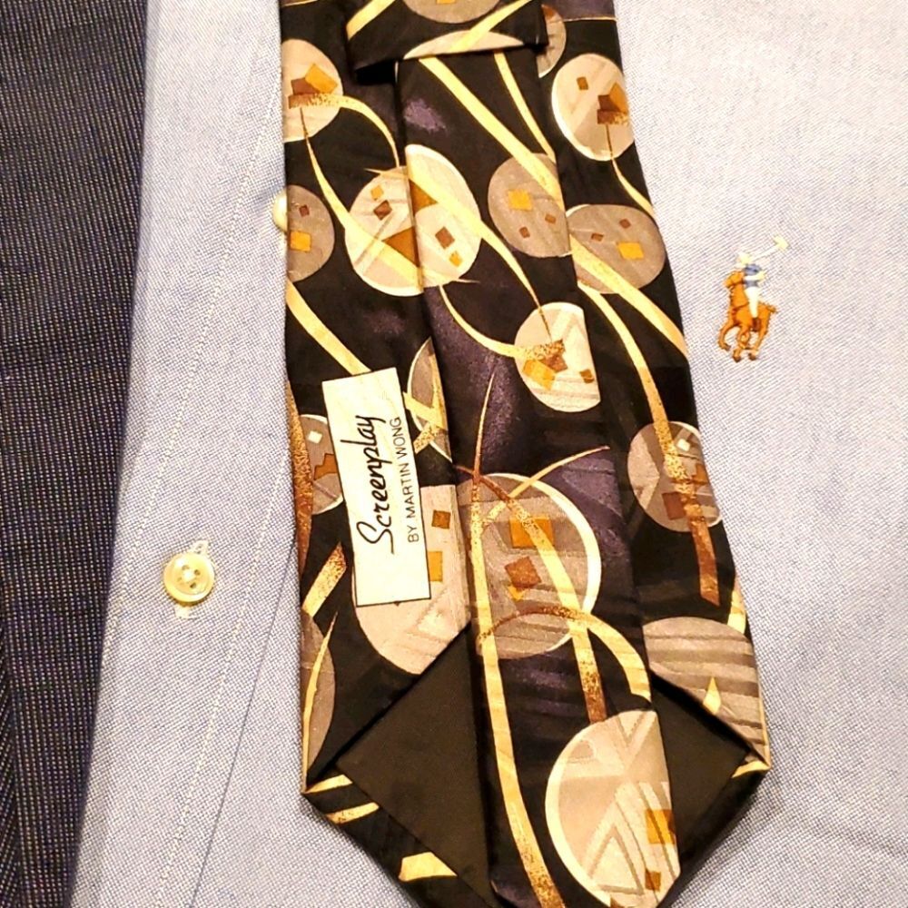 VTG Screenplay by Martin Wong Necktie Artsy Abstract Geometric Gold Black T